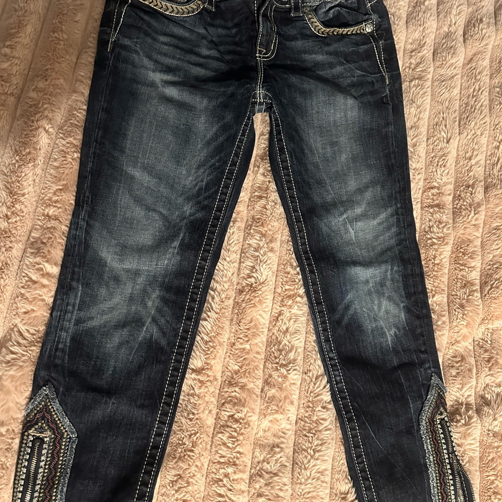 Miss Me Dark Wash Straight Leg Jeans with Embroidery